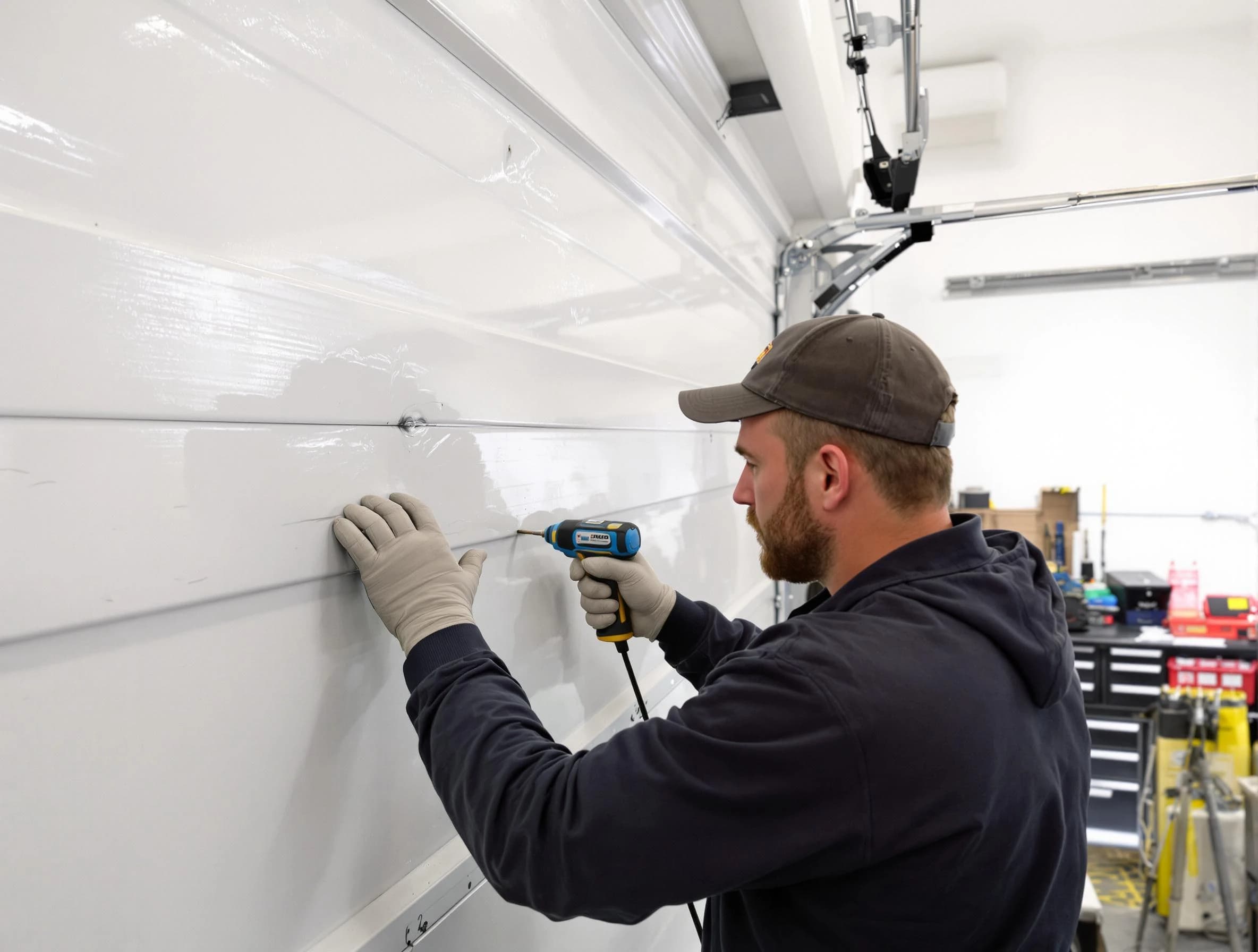 Highland Lakes Garage Door Repair technician demonstrating precision dent removal techniques on a Highland Lakes garage door