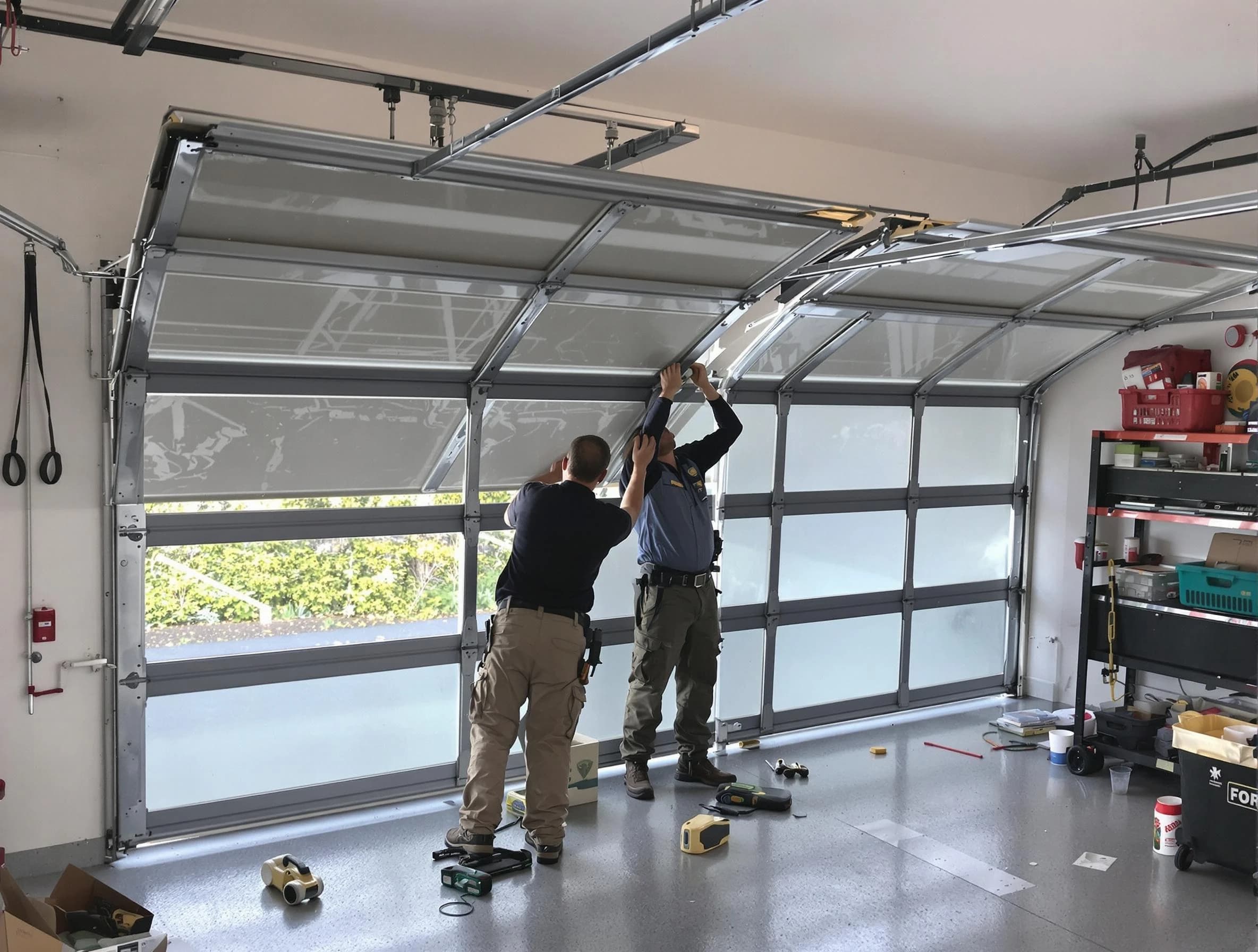 Highland Lakes Garage Door Repair expert performing precise panel replacement on Highland Lakes garage door