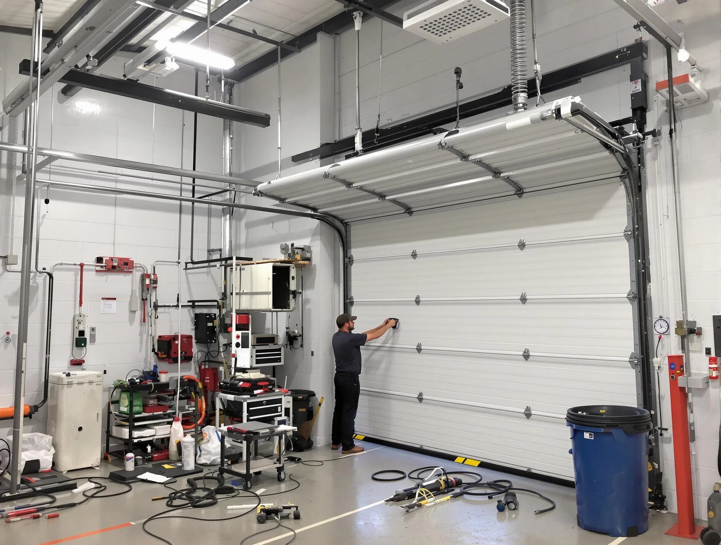 Highland Lakes Garage Door Repair certified technician performing commercial door repair at a Highland Lakes business facility