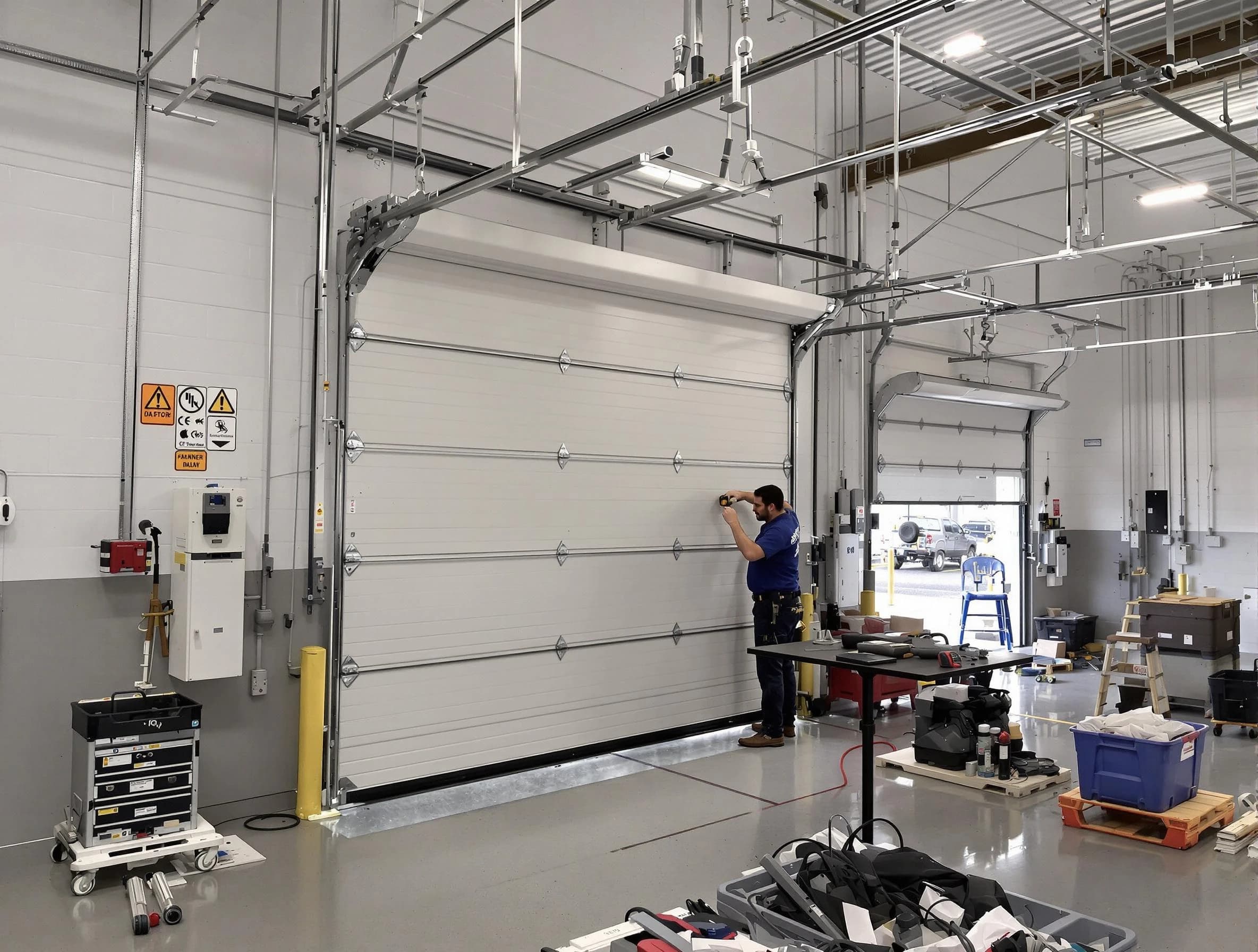 Commercial garage door repair being performed by Highland Lakes Garage Door Repair expert in Highland Lakes